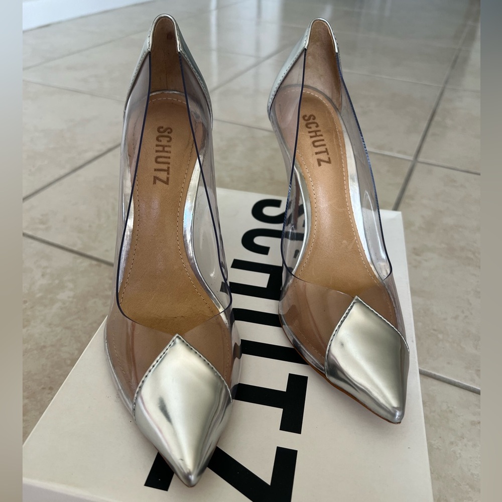 SCHUTZ CENDI CLEAR PVC AND LEATHER SILVER PUMPS
